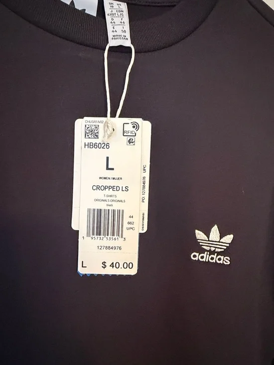 adidas Black Cropped Long Sleeve Top with Logo Hem - Picture 3 of 3